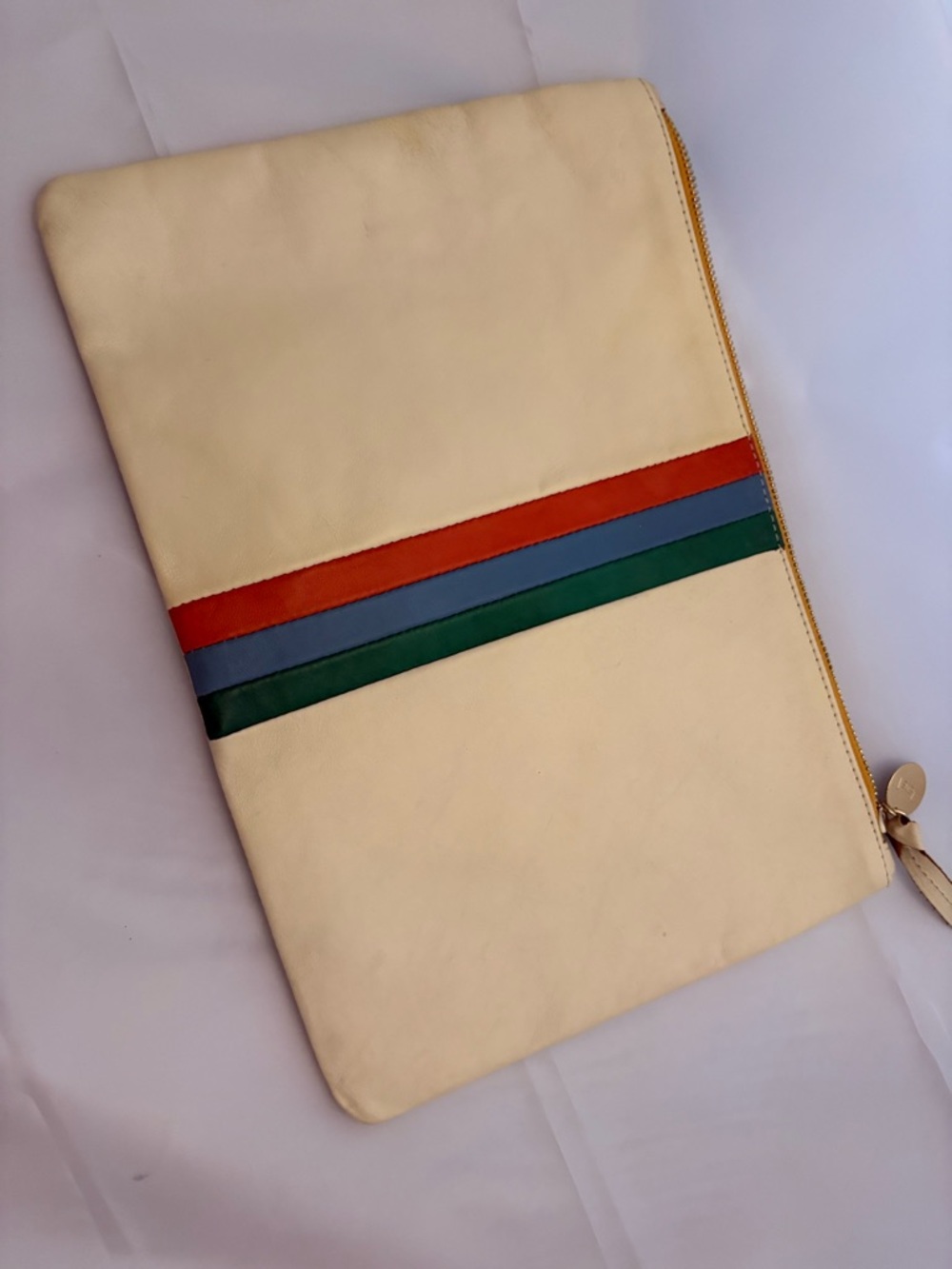 Cream Leather Wristlet Clutch with Red, Blue and Green Stripes
